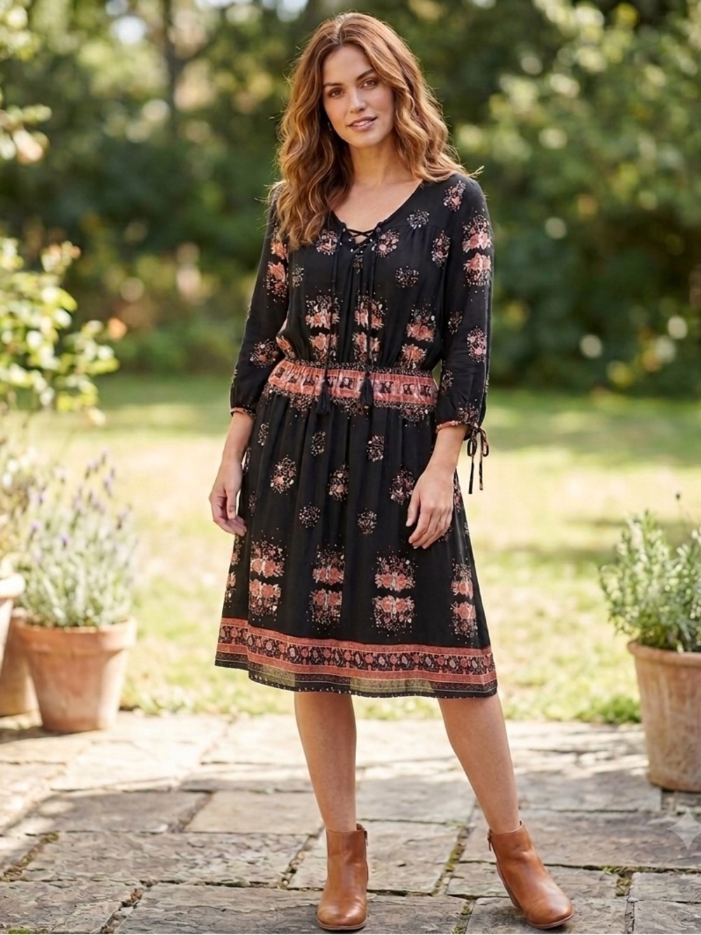 TWIK by Simons Boho Floral Lace-Up Midi Dress Size Medium